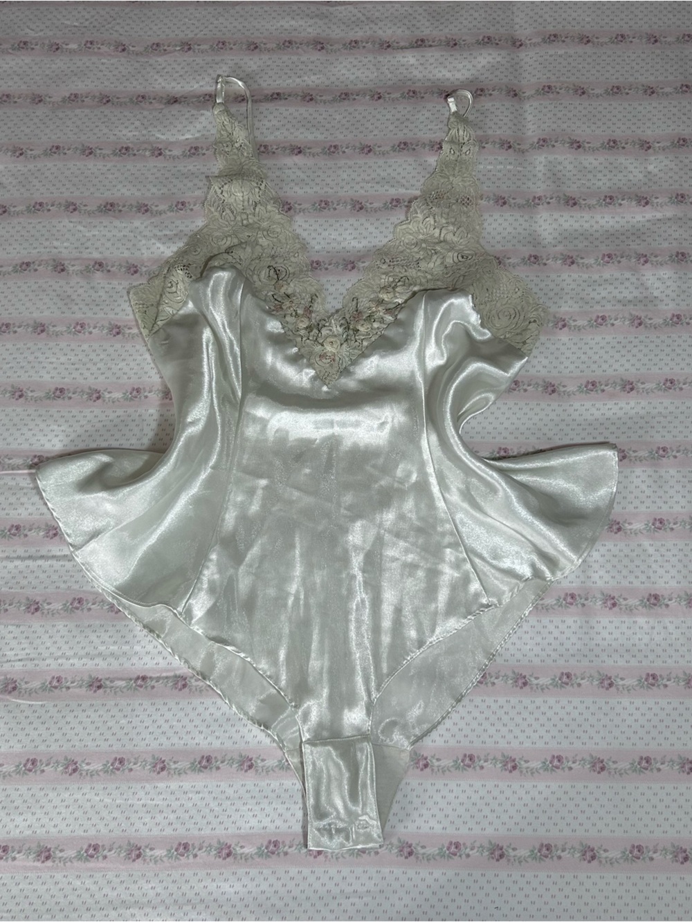 Victoria's Secret vintage Ivory Satin Lace-Trim Halter Chemise Bodysuit